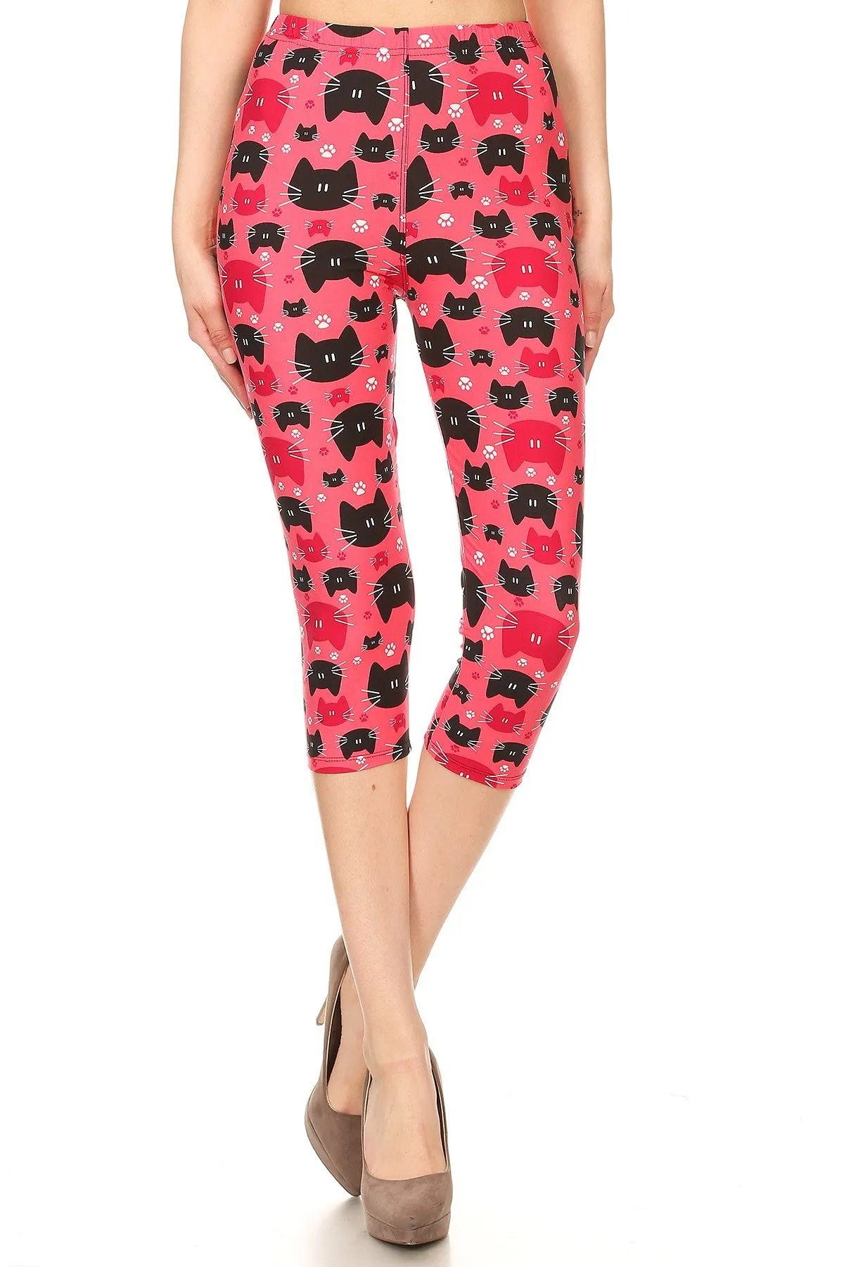 Women's Regular colorful Cat Faces Animal Printed Cropped Capri Leggings