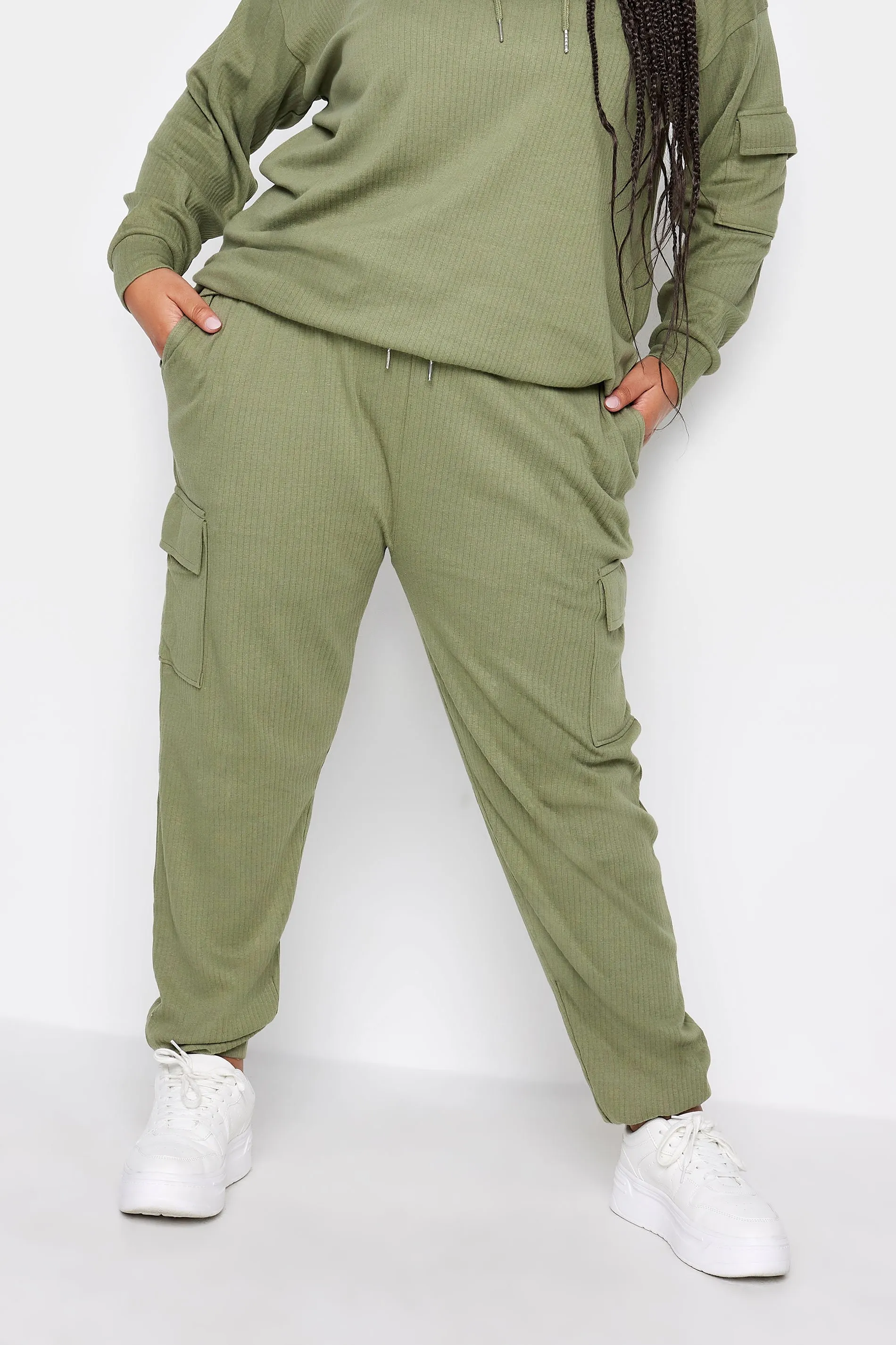 YOURS Curve Khaki Green Ribbed Cargo Joggers