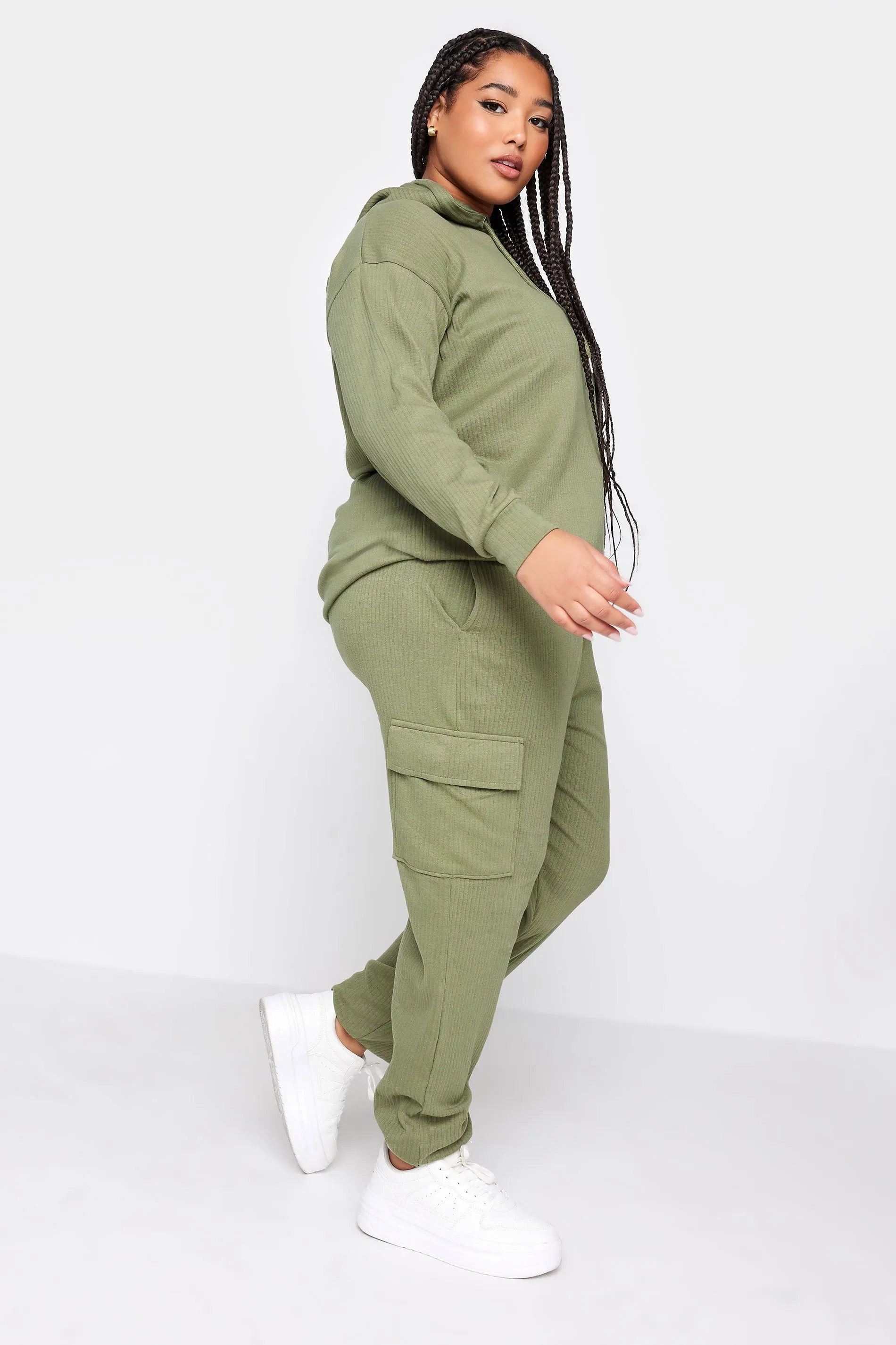 YOURS Curve Khaki Green Ribbed Cargo Joggers