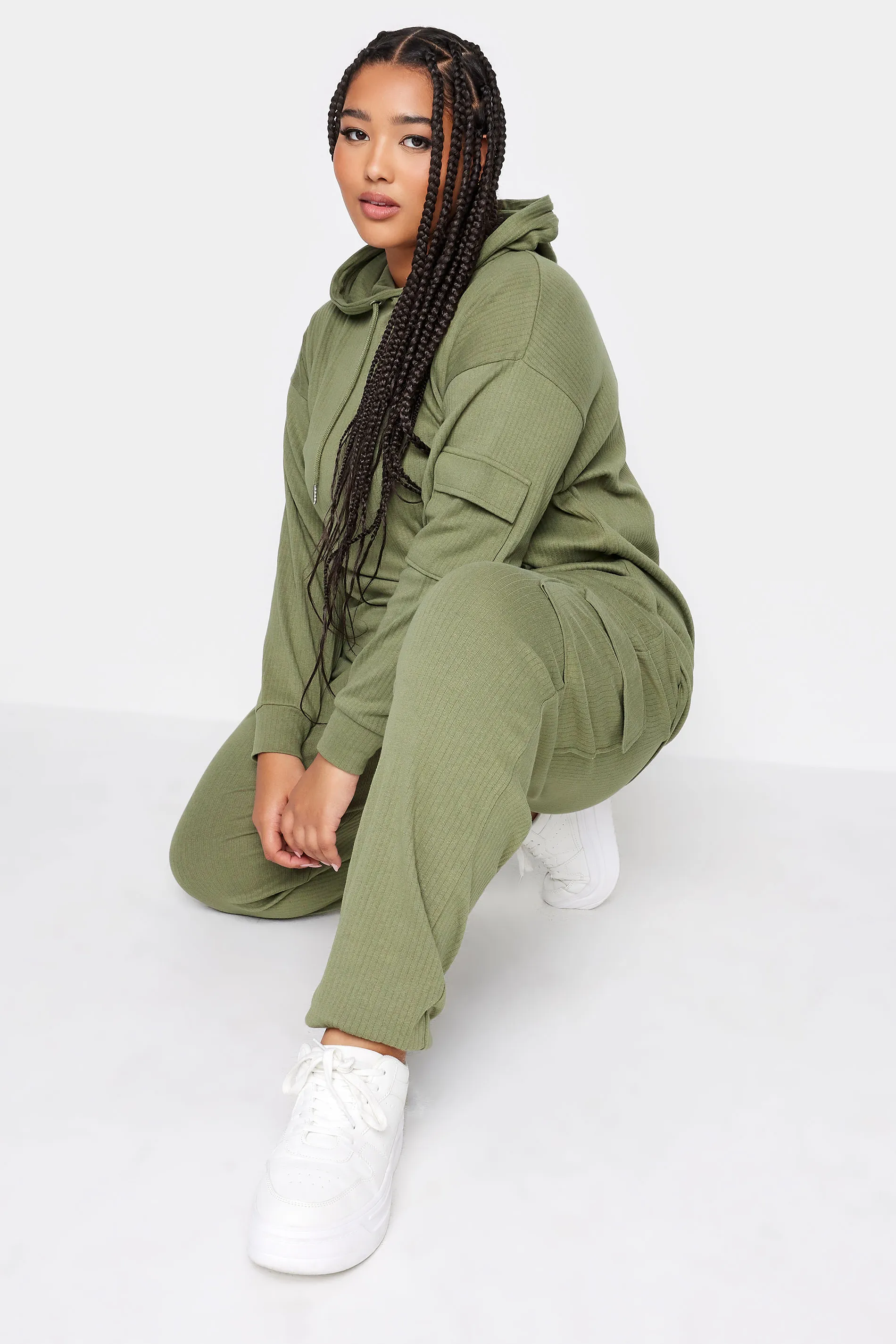 YOURS Curve Khaki Green Ribbed Cargo Joggers